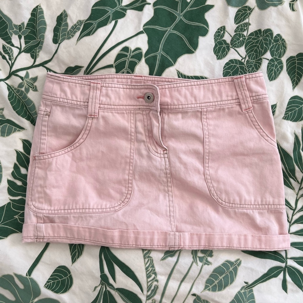 pink denim mini skirt